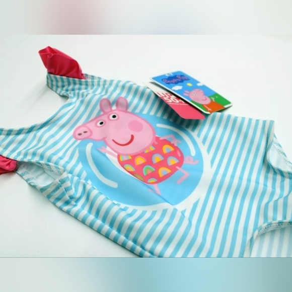 Girl's Toddlers 12M Peppa Pig One Piece Blue/White Striped Swimsuit with UPF 50+ - Picture 3 of 5